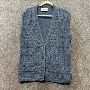 Graver Studio Blue Knit Button Front Vest Pointelle Cable Geometric USA L 14/16